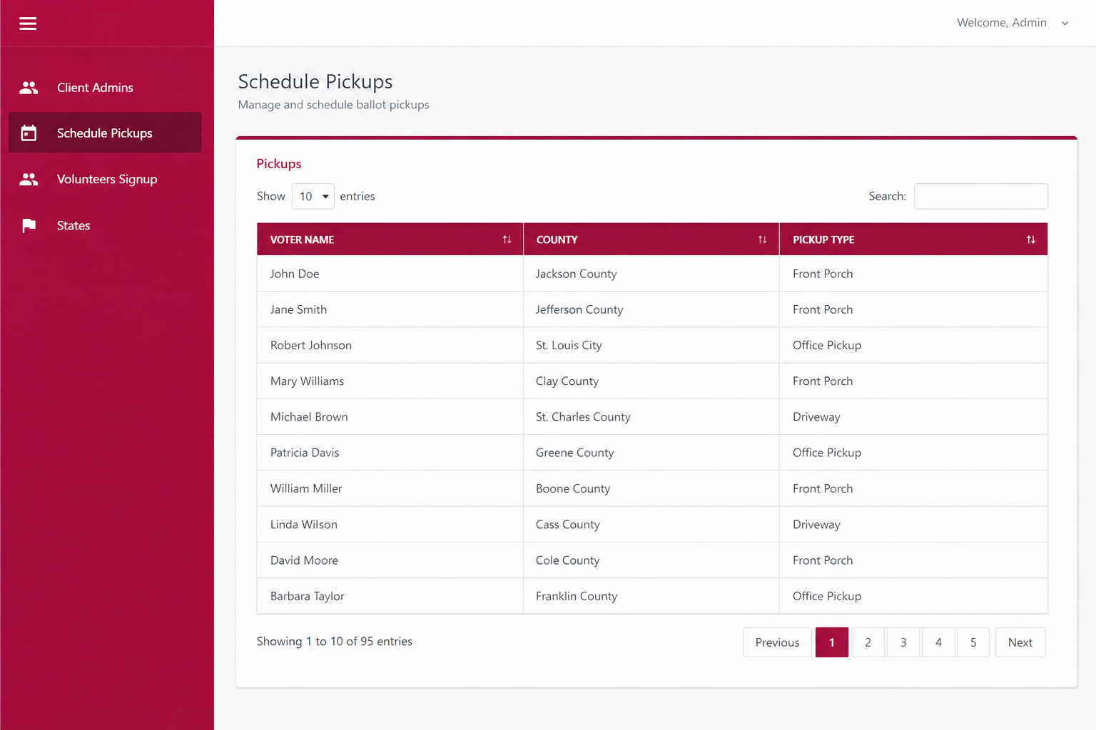 Canvass365 admin portal with schedule pickups table