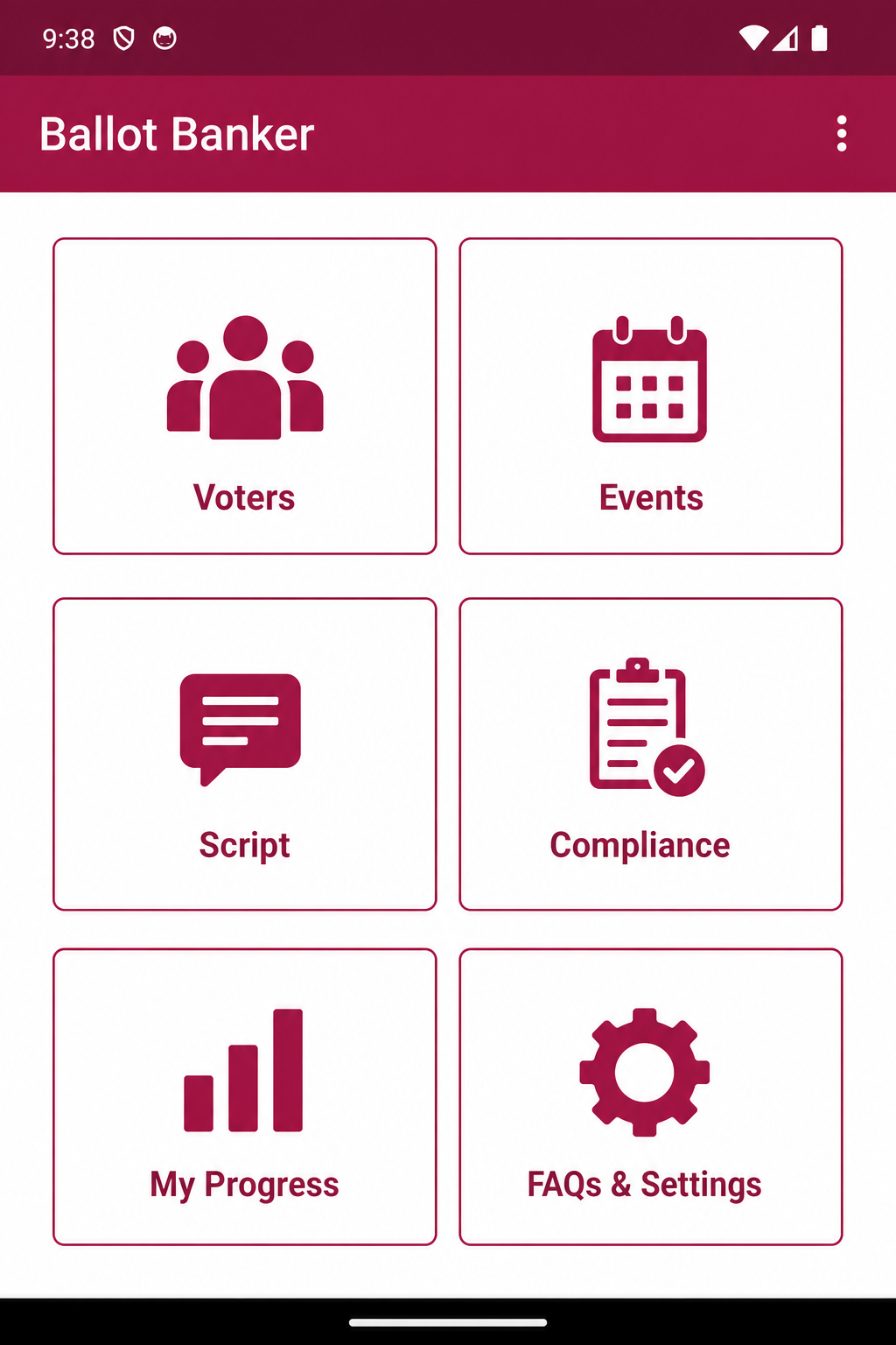 Canvass365 mobile app home screen with Voters, Events, Script, and Compliance tiles