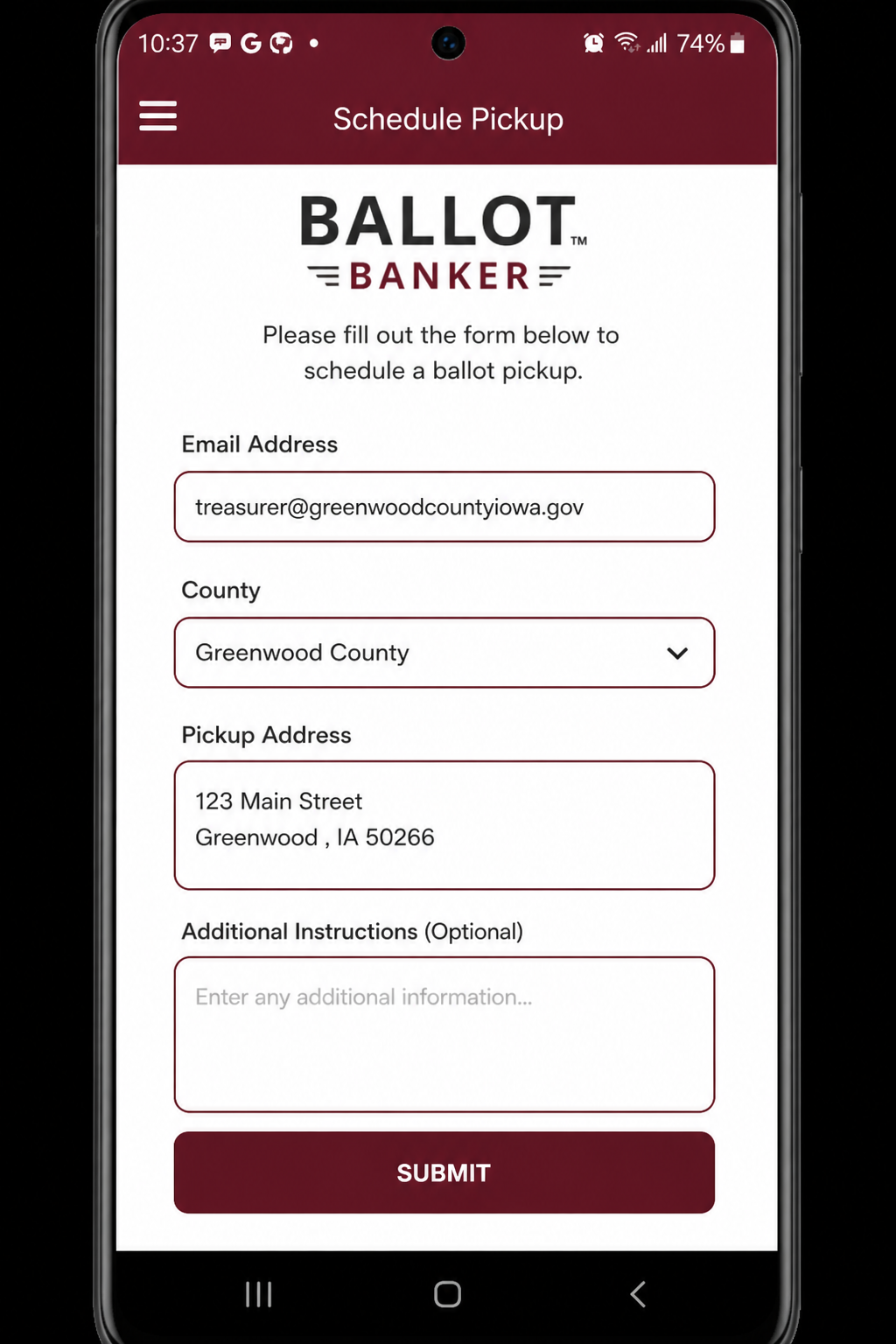 Canvass365 app schedule pickup form